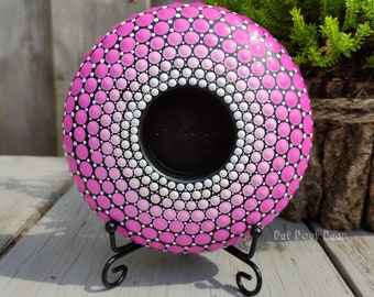 Handmade mandala stone with dot art tealight holder - candle holder - spiritual gift - gradient colors - pink