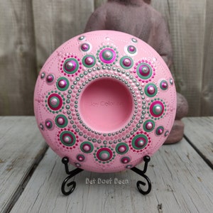 Handmade mandala stone with dot art tealight holder candle holder pink pearl metallic green image 1