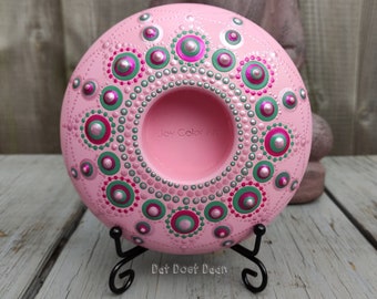 Handmade mandala stone with dot art tealight holder - candle holder - pink - pearl - metallic - green