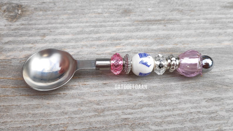 Sugar spoon Holland stainless steel delft blue ceramic/porcelain beads glass tulip, silver colored spacer beads pink fuchsia image 1