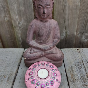 Handmade mandala stone with dot art tealight holder candle holder pink pearl metallic green image 5