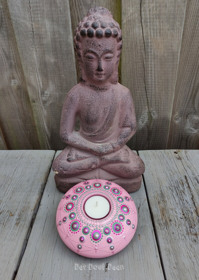 Handmade mandala stone with dot art tealight holder candle holder pink pearl metallic green image 5