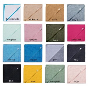 May include: A set of 16 hooded towels in various colors, including turquoise, pink, sand, grey, mint green, light pink, forest, fuchsia pink, light blue, turquoise, grey, navy, black, ochre, stone green, and blush.