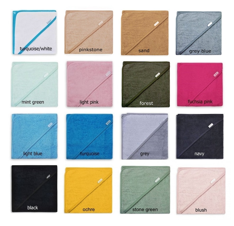 May include: A set of 16 hooded towels in various colors, including turquoise, pink, sand, grey, mint green, light pink, forest, fuchsia pink, light blue, turquoise, grey, navy, black, ochre, stone green, and blush.