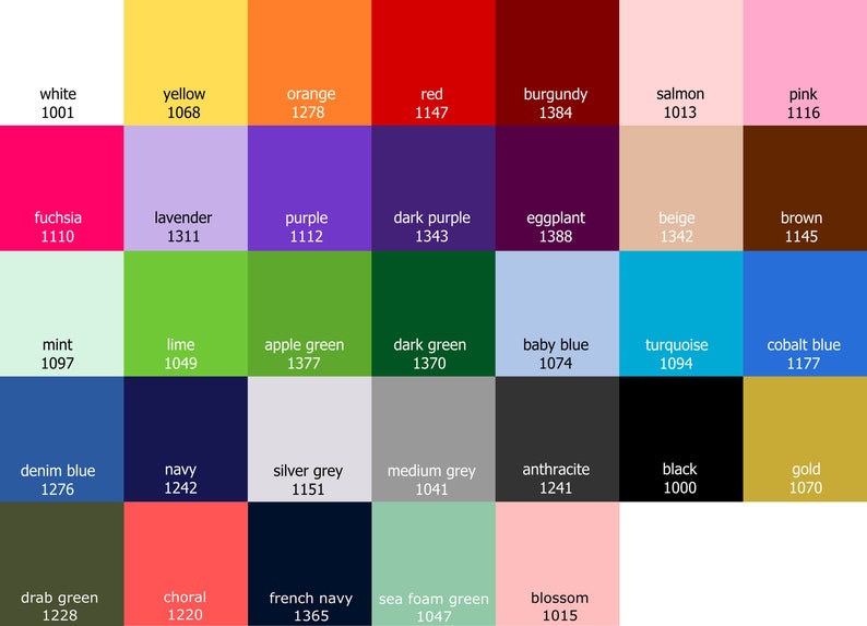 May include: A color chart with 36 different colors, each with a name and a corresponding number. The colors are arranged in a grid pattern.