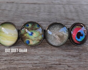 Hair clip - Hair pin - Hair accessoire bronze vintage style with glass cabochons - Peacock feathers red blue green