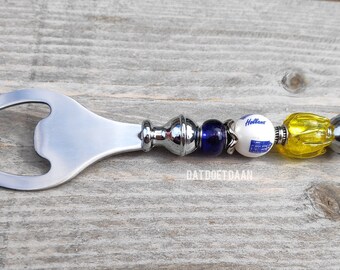 Bottle opener Holland -  stainless steel - delft blue ceramic/porcelain beads - glass tulip, silver colored spacer beads - powder pink