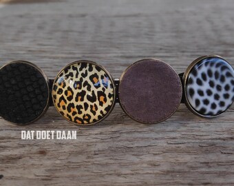 Hair clip - Hair pin - Hair accessoire bronze vintage style with glass cabochons - Fabric faux leather leopard panther brown print