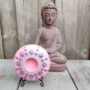 Handmade mandala stone with dot art tealight holder candle holder pink pearl metallic green image 2