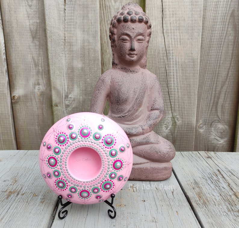 Handmade mandala stone with dot art tealight holder candle holder pink pearl metallic green image 2