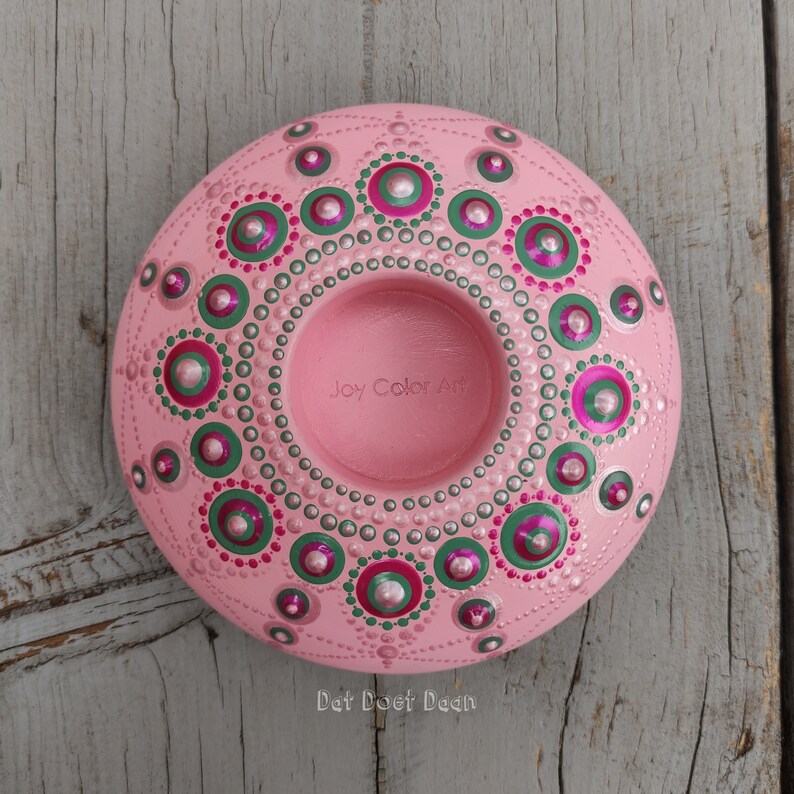 Handmade mandala stone with dot art tealight holder candle holder pink pearl metallic green image 4