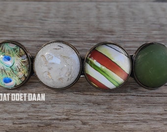 Pince à cheveux - épingle à cheveux - pince à cheveux - accessoire pour cheveux bronze look vintage avec cabochons de verre - plume de paon de pierre rayée vert armée