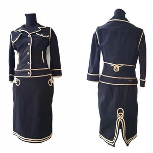 MOSCHINO jeans epic ladies 3/4 sleeves jacket skirt cotton suit two piece modernist set- M, rope trimmed set.