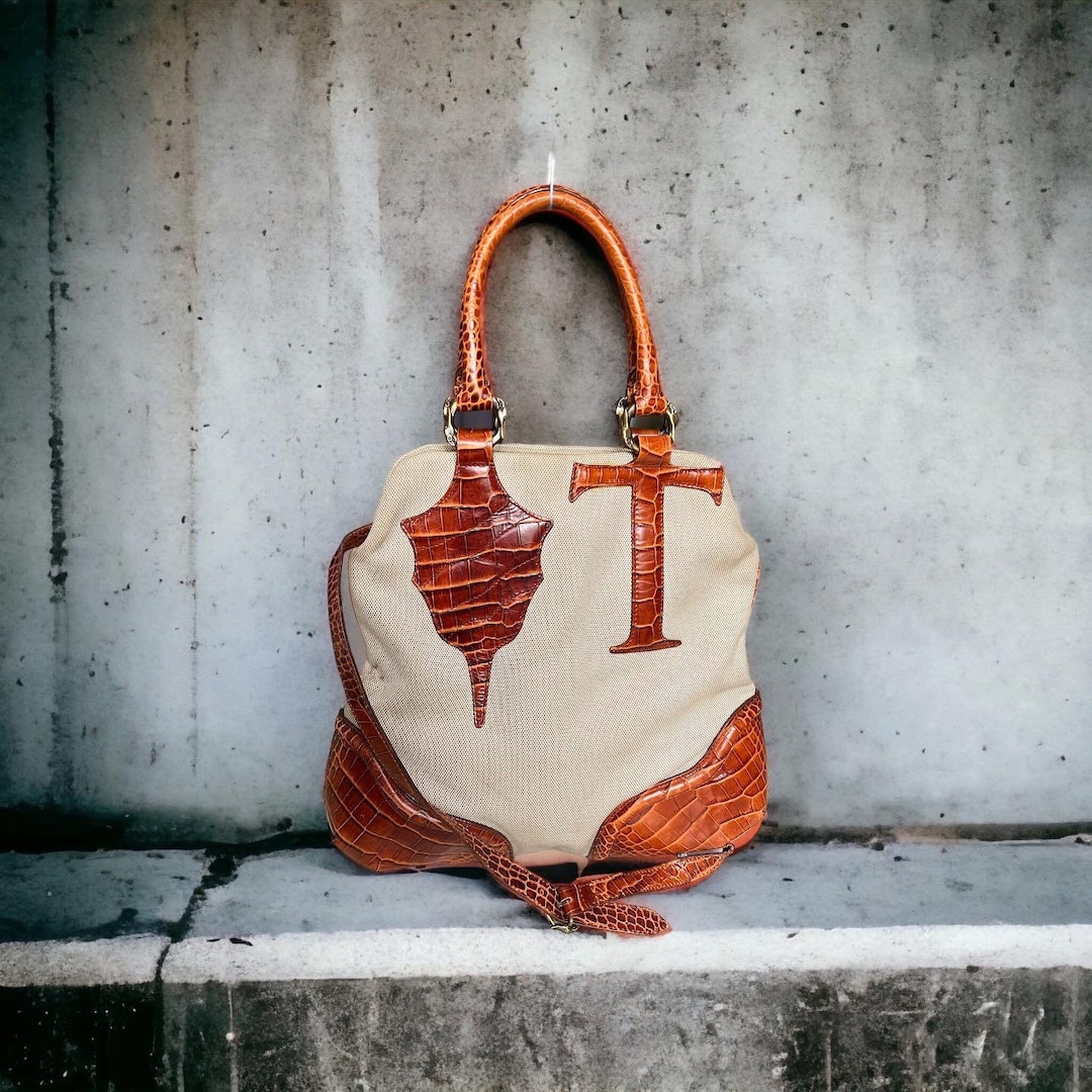 TRUSSARDI Vintage Leather and Canvas Beige Brown Top Handle Statment  Italian Desiger Australia