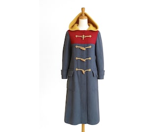 Vintage 70er Jahre Miss Lodenfrey Wolldufflecoat: Colorblock Kapuze mit Knebelverschluss (Medium)