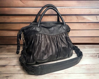 CATERINA LUCCHI extra large navy ruched two way leather shoulder bag. Italian designer women bag.
