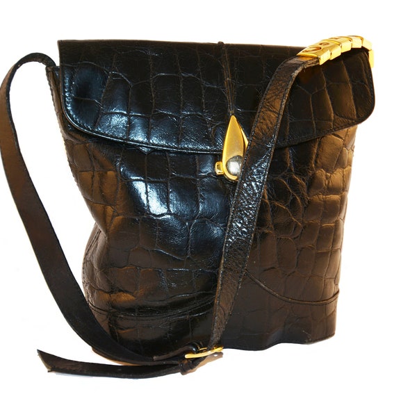 CONDOR vintage 80's woman black crock embossed leather bag