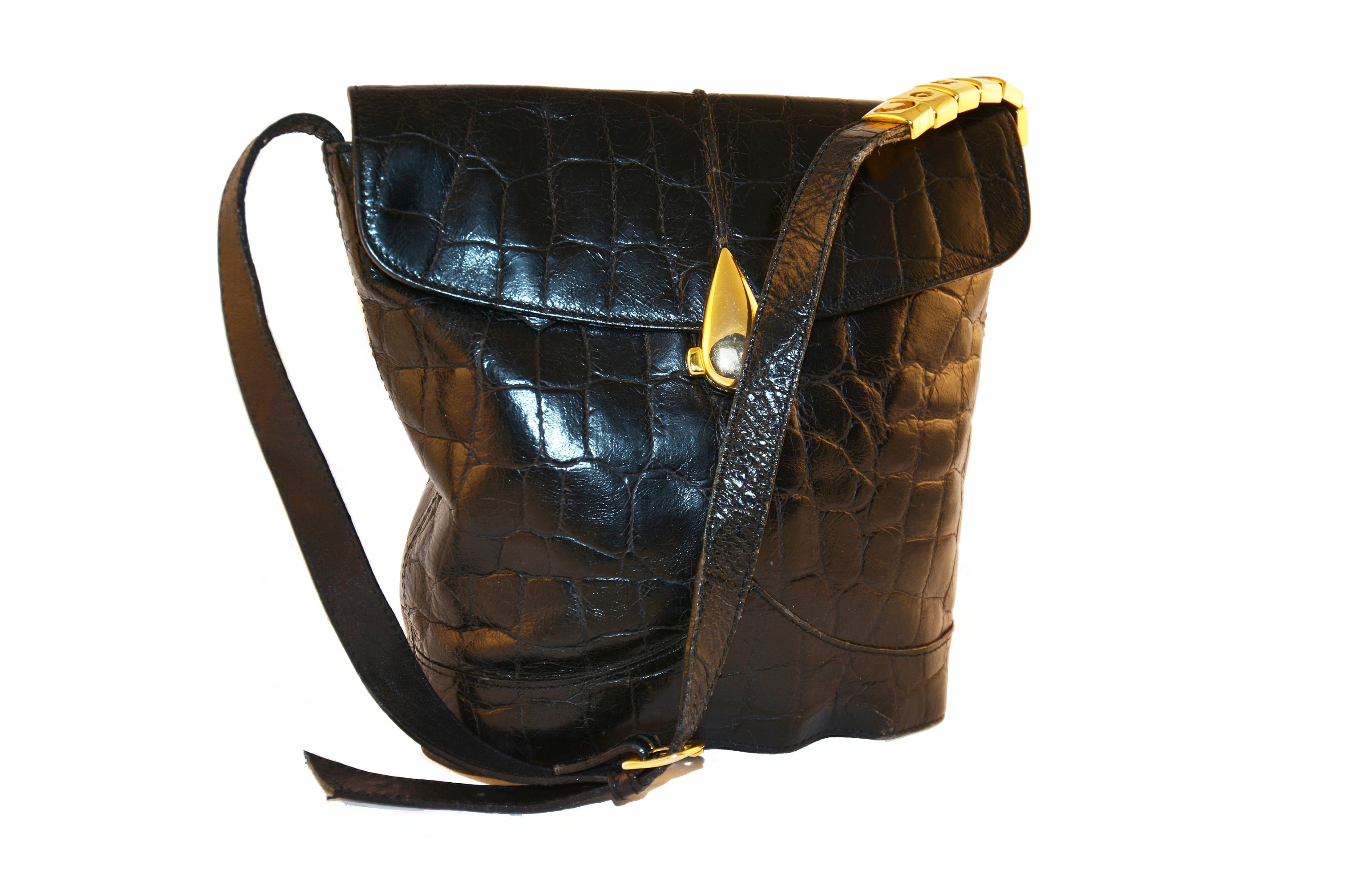 CONDOR vintage 80's woman black crock embossed leather bag
