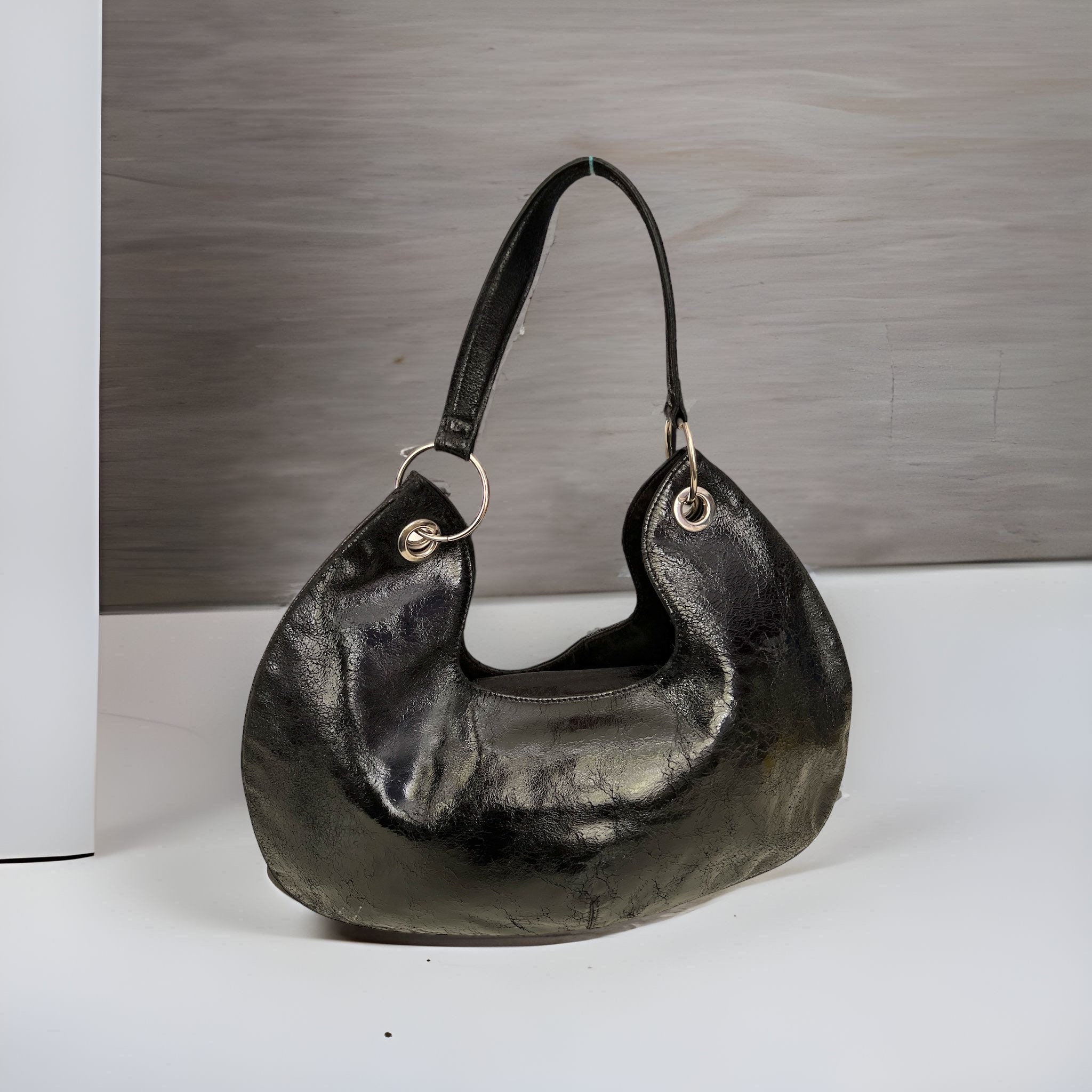 COCCINELLE Distressed Leather Shiny Black Shoulder Hobo Bag