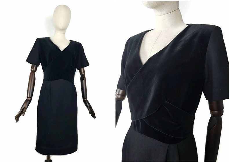Vintage 70's Italian designer wool and velvet dress Uno and Una classy black dress. M. Italian Couture coctail dress. image 1