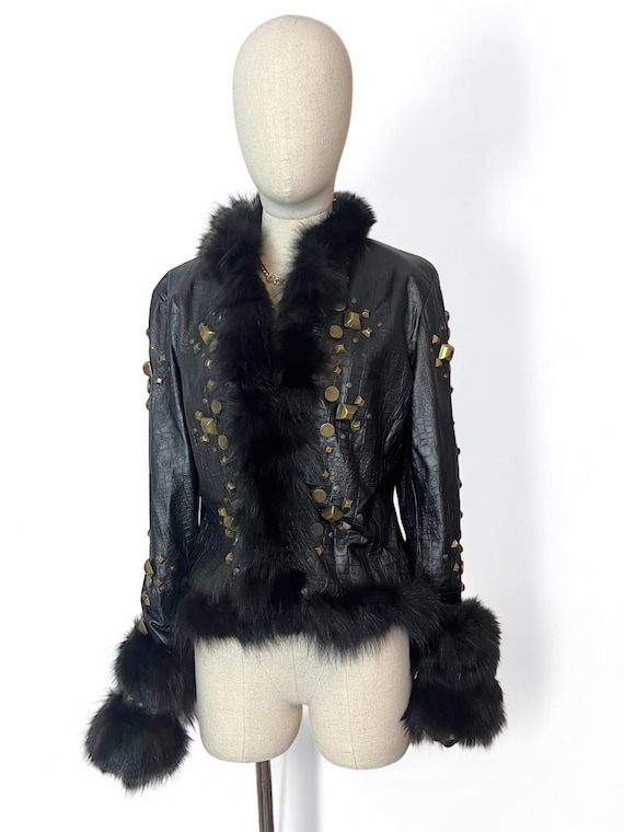 70s Italian Studded Leather Jacket: Crocodile Print Fur Trim, S-M