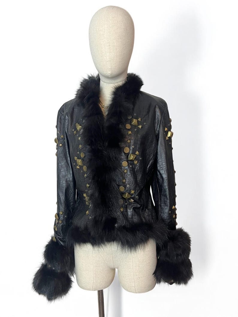 70s Italienische Lederjacke mit Nieten: Krokodil-Print, S-M Bild 1