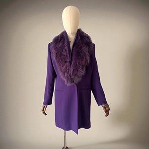 Vintage Therese Baumaire Paris Coat, Purple Wool Overcoat with Faux Fur Collar, Elegant French Designer Winter Fashion
