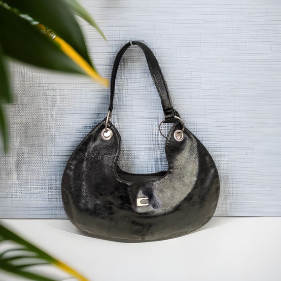 COCCINELLE Distressed Leather Shiny Black Shoulder Hobo Bag. 