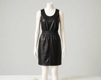Vintage 80s Black Leather Mini Dress: Sleeveless Rocker Chic