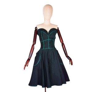 THIERRY MUGLER 70&#39;s gothic corset bustier sweetheart skater circle ruffle flared big pocket irregular black dress, designer dress