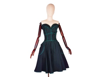 THIERRY MUGLER 70's gothic corset bustier sweetheart skater circle ruffle flared big pocket irregular black dress, designer dress