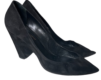 YSL Vintage Black Suede Wedge Pumps - 80s Designer Shoes