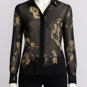 Vintage ladies 90's Italian silk floral transparent mesh button down top shirt. image 5
