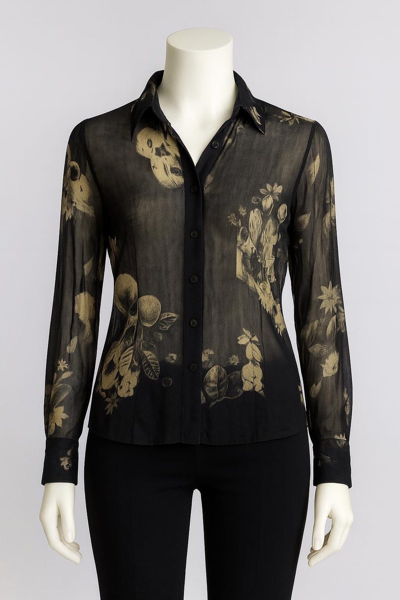 Vintage ladies 90's Italian silk floral transparent mesh button down top shirt. image 5