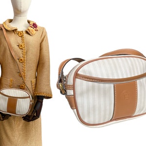 FENDI vintage pequin beige cognac brown cross body pvc leather small bag. Italian designer bag.