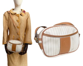 Vintage FENDI Pequin Crossbody Bag: Beige & Cognac Leather