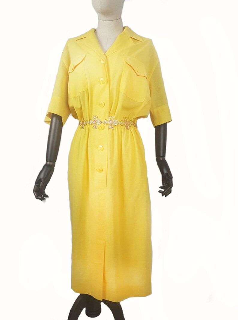 Ladies designer dress Vintage 80/'s Caroline Rohmer ladies yello front button waist elasticated front pockets dress