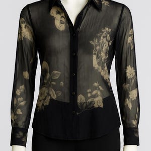 Vintage ladies 90's Italian silk floral transparent mesh button down top shirt. image 6