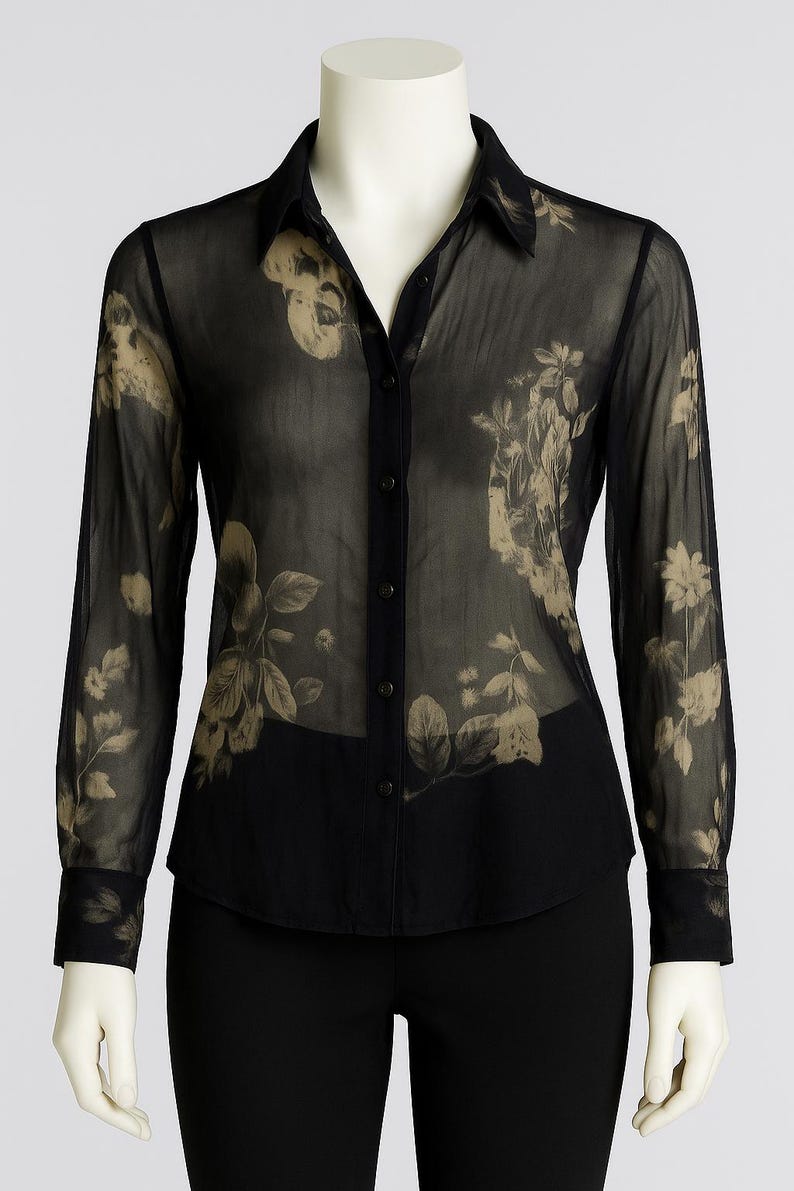 Vintage ladies 90's Italian silk floral transparent mesh button down top shirt. image 6