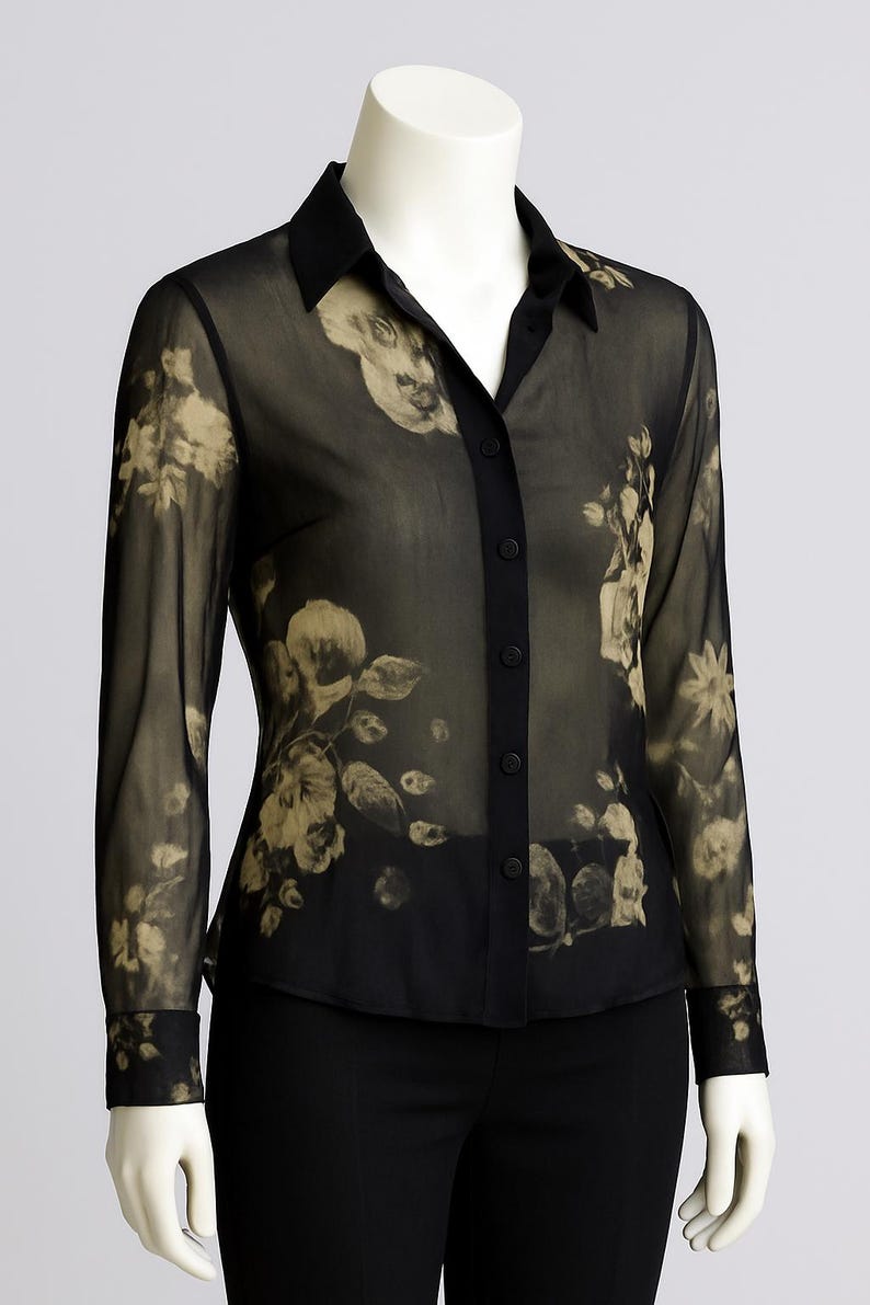 Vintage ladies 90's Italian silk floral transparent mesh button down top shirt. image 8