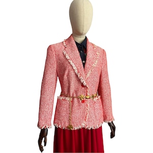 Louis Feraud Vintage Tweed Blazer Pink Fringed Chain Belt 80s Parisian Chic. Medium.