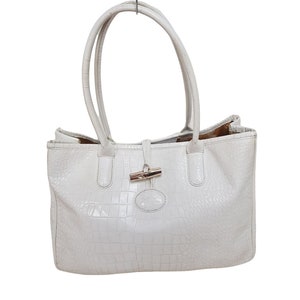 LONGCHAMP Roseau vintage Tasche weiß vintage Frau Henkeltasche bedruckt. Große Designer Tasche.