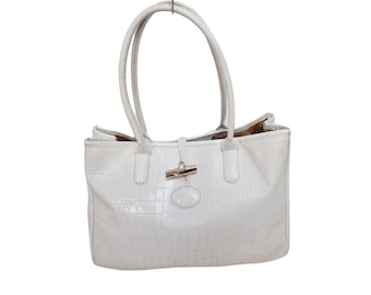 LONGCHAMP Roseau woman white crock printed vintage bag. Large designer bag.