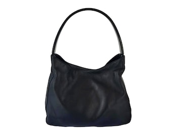 PRADA Vintage woman plastic handle lambskin leather black shoulder hobo medium bag, Italian designer hobo bag.