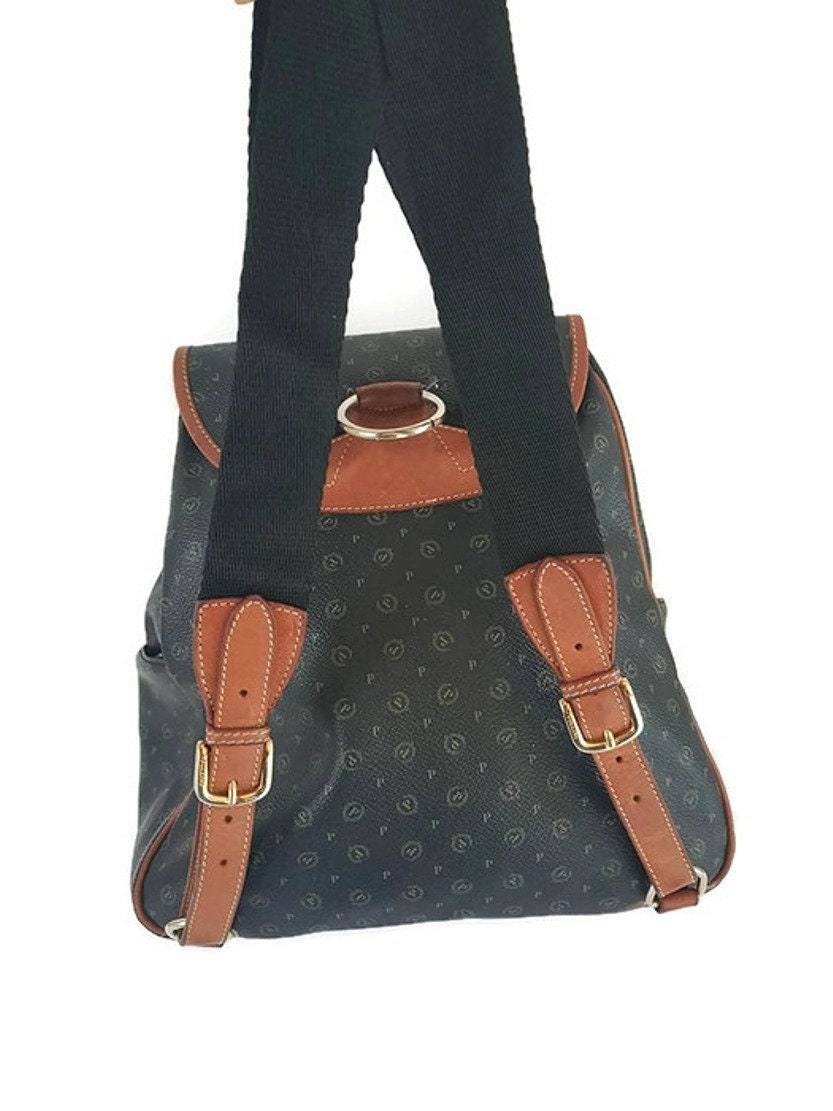 Vintage Pollini Black Monogram Backpack with Brown Trim Vintage Pollini Monogram Leather Backpack - Italian Designer  main image 3