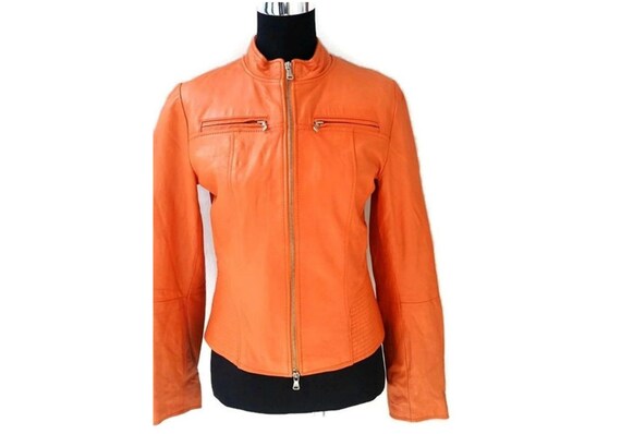 Ladies Soft Leather Biker Motorcycle Orange Leather Biker Motorcycle Orange