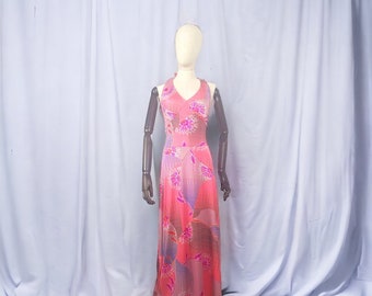 ROSE MARIE REID 60'S  amazing pink purple infinity halter neck open back nylon dress. Designer dress!