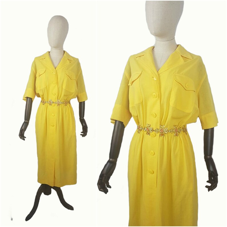 Ladies designer dress Vintage 80/'s Caroline Rohmer ladies yello front button waist elasticated front pockets dress