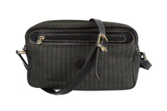【美品】FENDI ヴィンテージ ポーチ/Pequin Stripe 茶黒 FENDI Vintage Pequin Striped Black Canvas Leather Trim Pouch