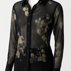 Vintage ladies 90's Italian silk floral transparent mesh button down top shirt. image 1